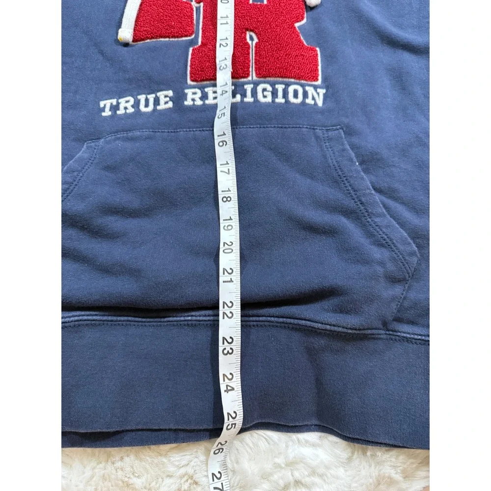 True Religion Hoodie Navy Blue S Varsity Chenille Patch Colorblock Skater Retro
